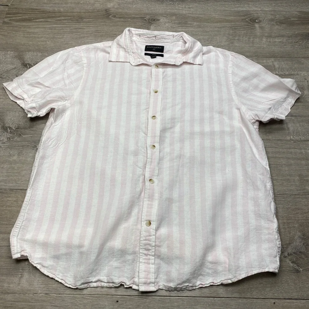 Banana Republic Linen Cotton Shirt Mens Large Slim Fit Pink Stripe Short Sleeve